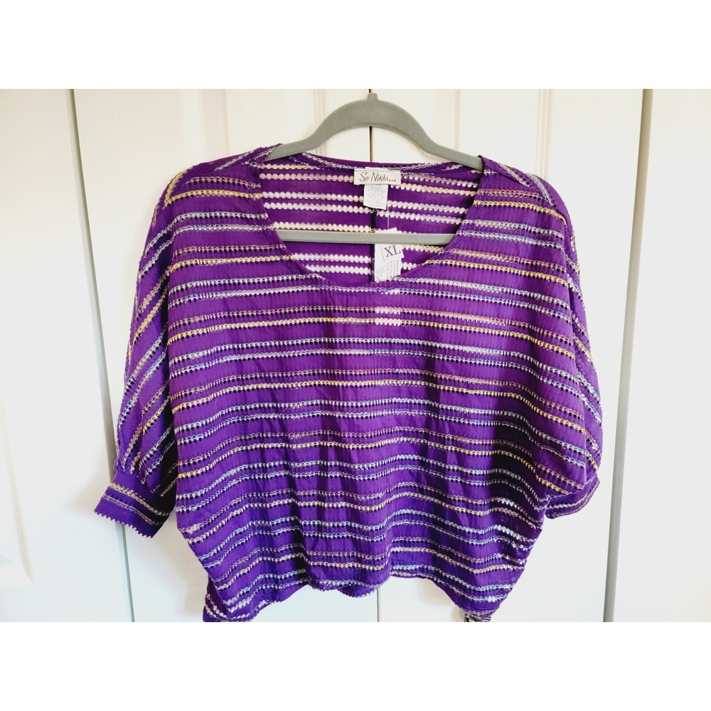 So Nikki Jr XL Crop‎ Top Short Sleeve Purple Multi Color Eyelet Banded Slvs NWT